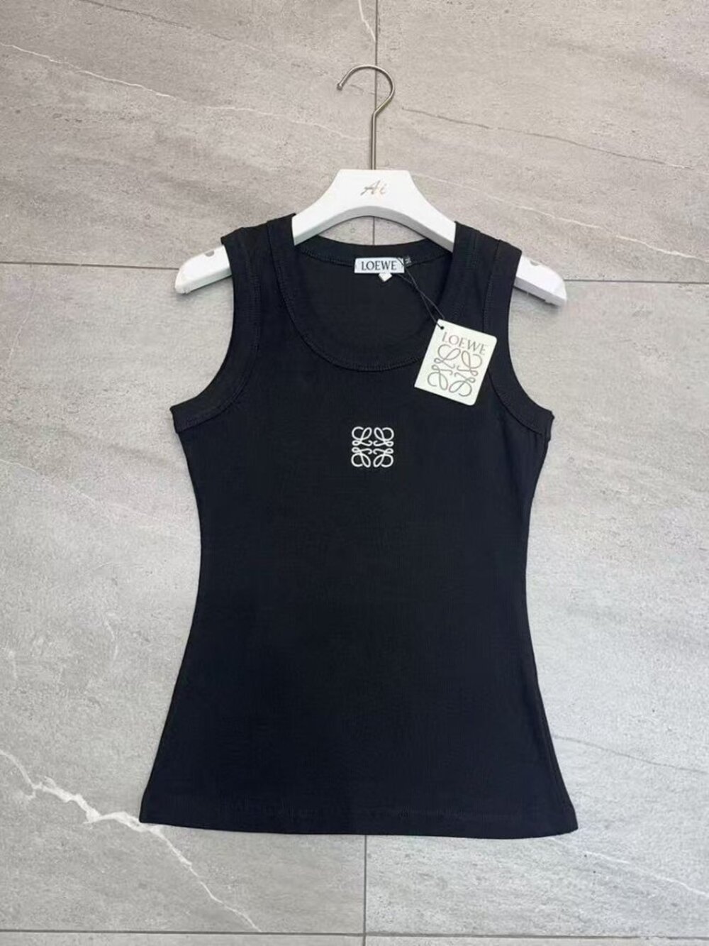 LOEWE Black Ribbed Tank Top Anagram Logo Scoop Neck Sleeveless Designer Vest